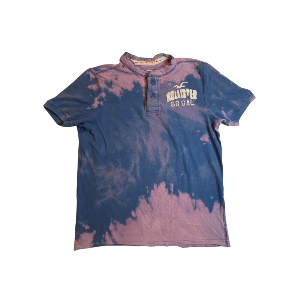 Hollister California Henley T Shirt Mens XL Blue Pink Bleach Tie Dye Distressed
